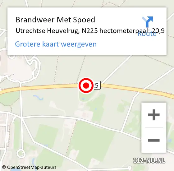 Locatie op kaart van de 112 melding: Brandweer Met Spoed Naar Utrechtse Heuvelrug, N225 hectometerpaal: 20,9 op 22 september 2022 22:05
