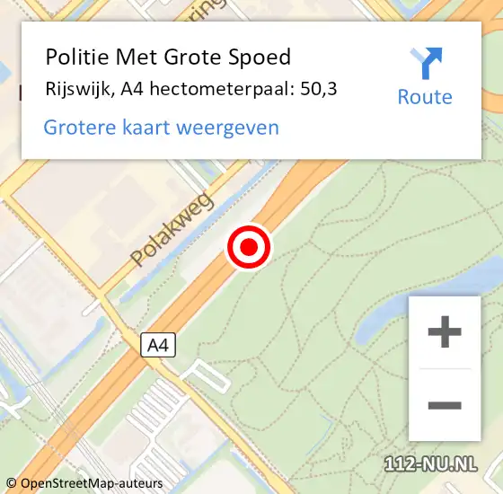 Locatie op kaart van de 112 melding: Politie Met Grote Spoed Naar Rijswijk, A4 hectometerpaal: 50,3 op 23 september 2022 01:44