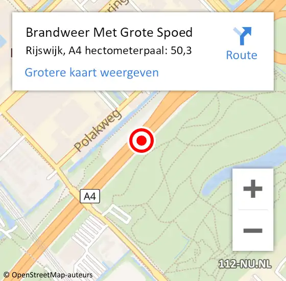 Locatie op kaart van de 112 melding: Brandweer Met Grote Spoed Naar Rijswijk, A4 hectometerpaal: 50,3 op 23 september 2022 01:44