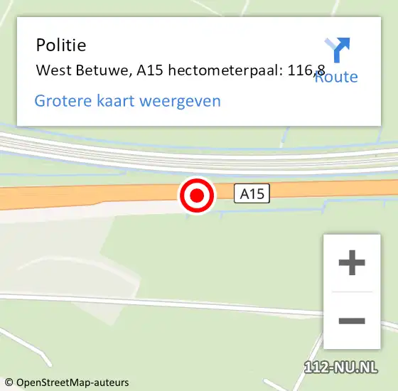 Locatie op kaart van de 112 melding: Politie West Betuwe, A15 hectometerpaal: 116,8 op 23 september 2022 06:40
