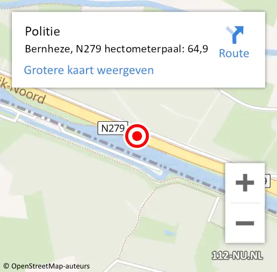 Locatie op kaart van de 112 melding: Politie Bernheze, N279 hectometerpaal: 64,9 op 23 september 2022 06:57