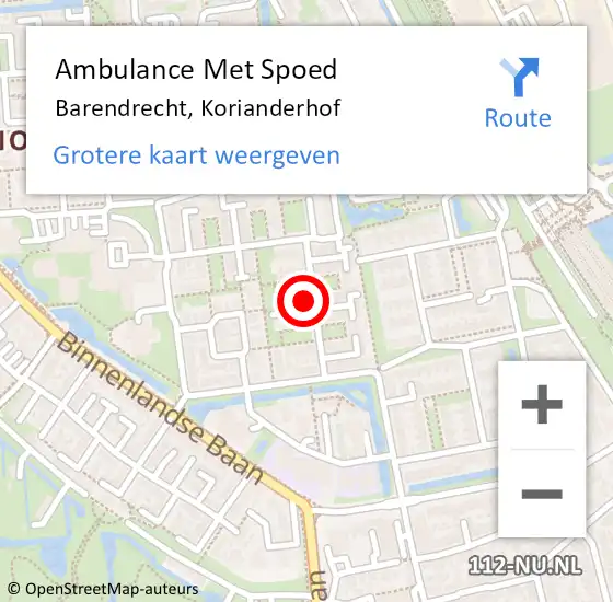 Locatie op kaart van de 112 melding: Ambulance Met Spoed Naar Barendrecht, Korianderhof op 23 september 2022 08:12