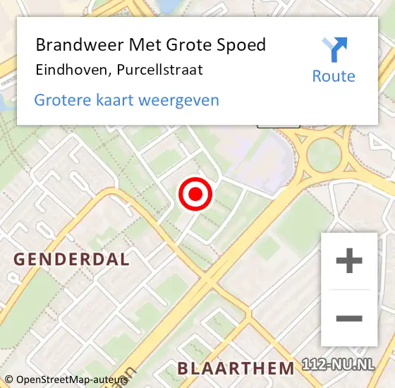 Locatie op kaart van de 112 melding: Brandweer Met Grote Spoed Naar Eindhoven, Purcellstraat op 23 september 2022 09:21