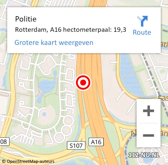 Locatie op kaart van de 112 melding: Politie Rotterdam, A16 hectometerpaal: 19,3 op 23 september 2022 09:29