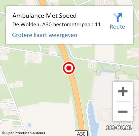 Locatie op kaart van de 112 melding: Ambulance Met Spoed Naar De Wolden, A30 hectometerpaal: 11 op 23 september 2022 10:27