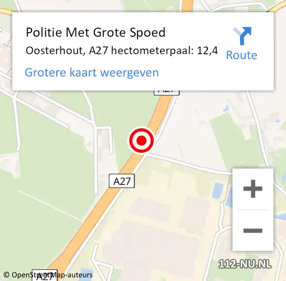 Locatie op kaart van de 112 melding: Politie Met Grote Spoed Naar Oosterhout, A27 hectometerpaal: 12,4 op 23 september 2022 11:22
