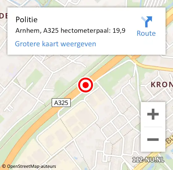 Locatie op kaart van de 112 melding: Politie Arnhem, A325 hectometerpaal: 19,9 op 23 september 2022 11:37