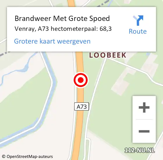 Locatie op kaart van de 112 melding: Brandweer Met Grote Spoed Naar Venray, A73 hectometerpaal: 68,3 op 23 september 2022 12:17