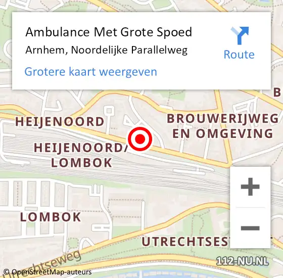 Locatie op kaart van de 112 melding: Ambulance Met Grote Spoed Naar Arnhem, Noordelijke Parallelweg op 23 september 2022 15:04