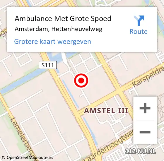 Locatie op kaart van de 112 melding: Ambulance Met Grote Spoed Naar Amsterdam-Zuidoost, Hettenheuvelweg op 23 september 2022 15:07