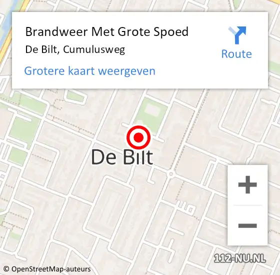 Locatie op kaart van de 112 melding: Brandweer Met Grote Spoed Naar De Bilt, Cumulusweg op 23 september 2022 15:58