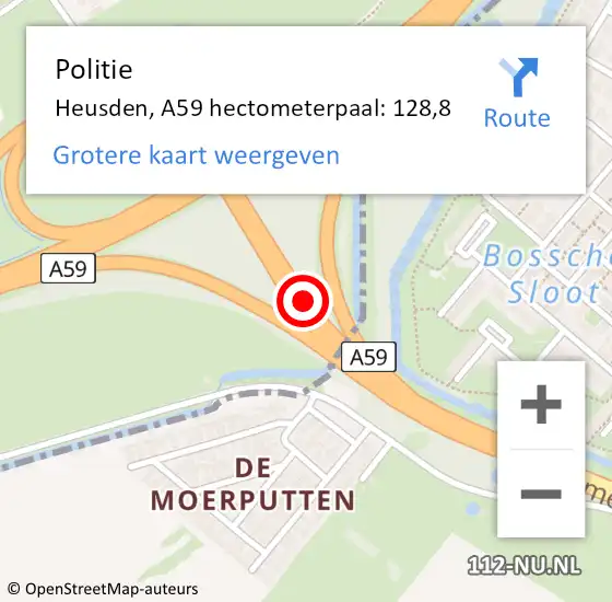 Locatie op kaart van de 112 melding: Politie Heusden, A59 hectometerpaal: 128,8 op 23 september 2022 17:04