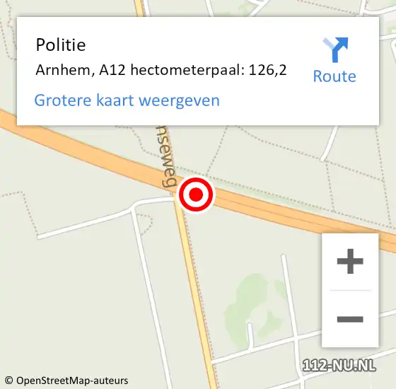 Locatie op kaart van de 112 melding: Politie Arnhem, A12 hectometerpaal: 126,2 op 23 september 2022 18:00