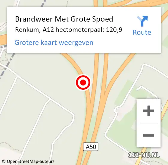 Locatie op kaart van de 112 melding: Brandweer Met Grote Spoed Naar Renkum, A12 hectometerpaal: 120,9 op 23 september 2022 20:17