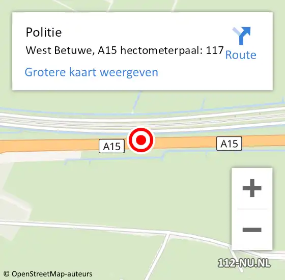 Locatie op kaart van de 112 melding: Politie West Betuwe, A15 hectometerpaal: 117 op 23 september 2022 21:15