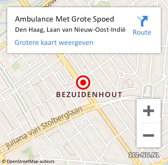 Locatie op kaart van de 112 melding: Ambulance Met Grote Spoed Naar Den Haag, Laan van Nieuw-Oost-Indië op 23 september 2022 22:37