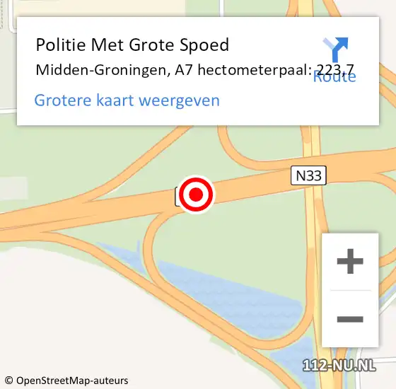 Locatie op kaart van de 112 melding: Politie Met Grote Spoed Naar Midden-Groningen, A7 hectometerpaal: 223,7 op 23 september 2022 23:26