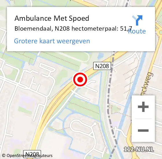 Locatie op kaart van de 112 melding: Ambulance Met Spoed Naar Bloemendaal, N208 hectometerpaal: 51,7 op 23 september 2022 23:49