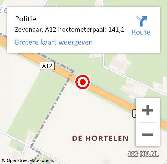 Locatie op kaart van de 112 melding: Politie Zevenaar, A12 hectometerpaal: 141,1 op 24 september 2022 00:28