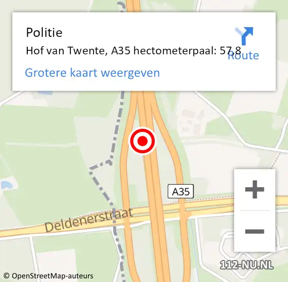 Locatie op kaart van de 112 melding: Politie Hof van Twente, A35 hectometerpaal: 57,8 op 24 september 2022 04:49