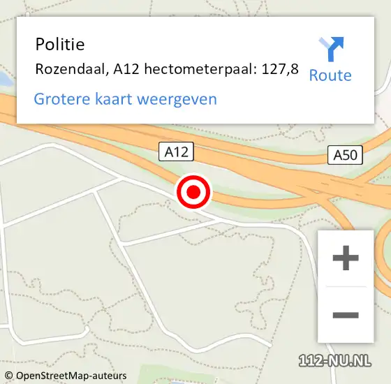 Locatie op kaart van de 112 melding: Politie Arnhem, A12 hectometerpaal: 127,8 op 24 september 2022 06:39