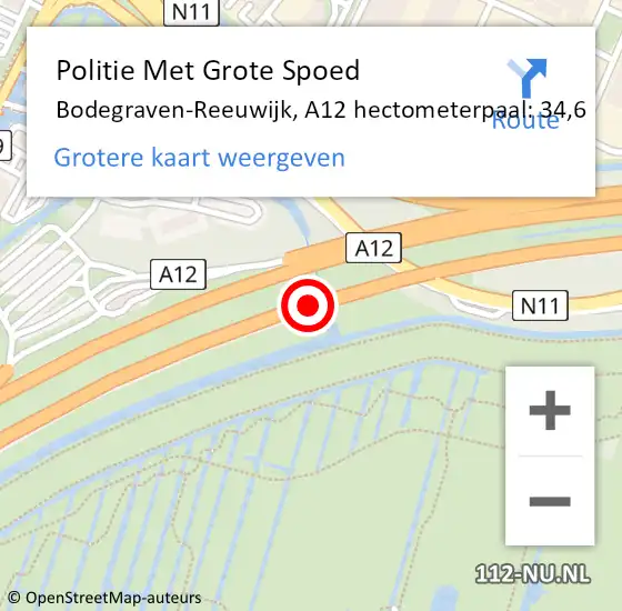 Locatie op kaart van de 112 melding: Politie Met Grote Spoed Naar Bodegraven-Reeuwijk, A12 hectometerpaal: 34,6 op 24 september 2022 08:10