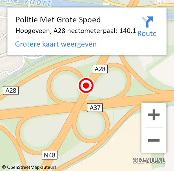 Locatie op kaart van de 112 melding: Politie Met Grote Spoed Naar Hoogeveen, A28 hectometerpaal: 140,1 op 24 september 2022 09:36