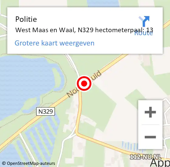 Locatie op kaart van de 112 melding: Politie West Maas en Waal, N329 hectometerpaal: 13 op 24 september 2022 10:34