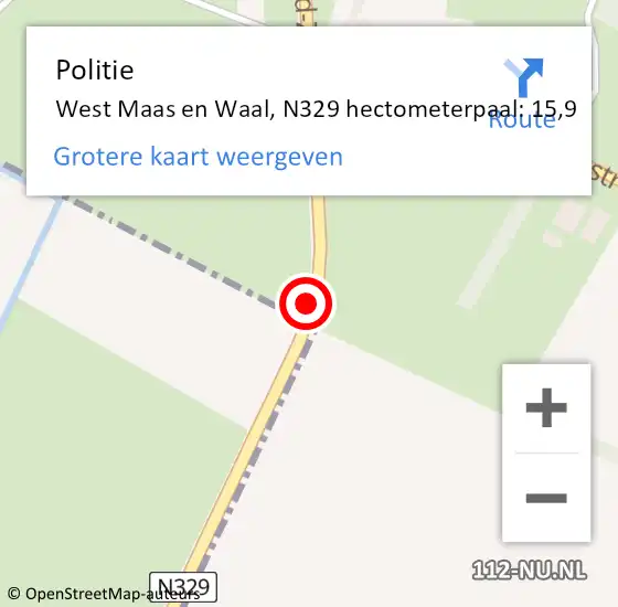 Locatie op kaart van de 112 melding: Politie West Maas en Waal, N329 hectometerpaal: 15,9 op 24 september 2022 10:48