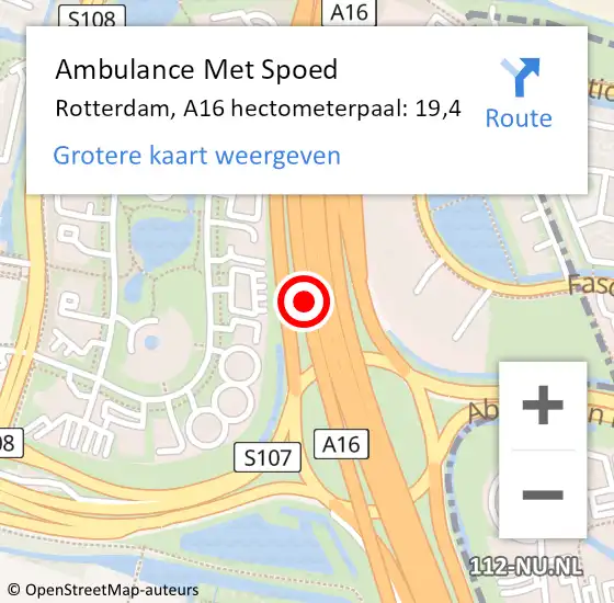Locatie op kaart van de 112 melding: Ambulance Met Spoed Naar Rotterdam, A16 hectometerpaal: 19,4 op 24 september 2022 11:47