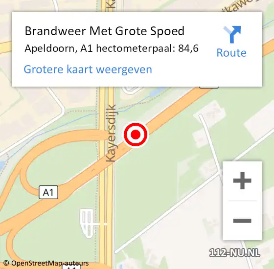 Locatie op kaart van de 112 melding: Brandweer Met Grote Spoed Naar Apeldoorn, A1 hectometerpaal: 84,6 op 24 september 2022 12:04