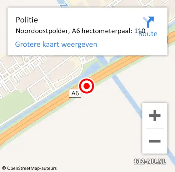 Locatie op kaart van de 112 melding: Politie Noordoostpolder, A6 hectometerpaal: 110 op 24 september 2022 12:21