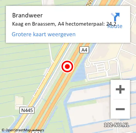 Locatie op kaart van de 112 melding: Brandweer Kaag en Braassem, A4 hectometerpaal: 24,2 op 24 september 2022 12:56