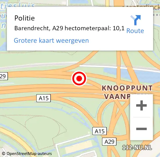 Locatie op kaart van de 112 melding: Politie Barendrecht, A29 hectometerpaal: 10,1 op 24 september 2022 14:01