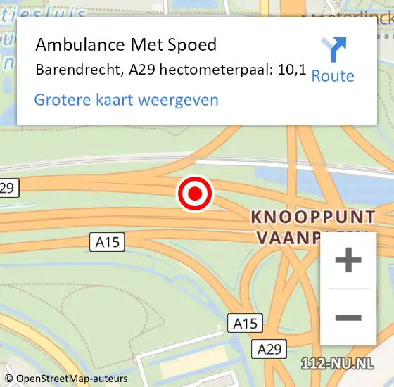 Locatie op kaart van de 112 melding: Ambulance Met Spoed Naar Barendrecht, A29 hectometerpaal: 10,1 op 24 september 2022 14:02