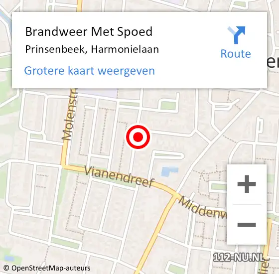 Locatie op kaart van de 112 melding: Brandweer Met Spoed Naar Prinsenbeek, Harmonielaan op 24 september 2022 15:20