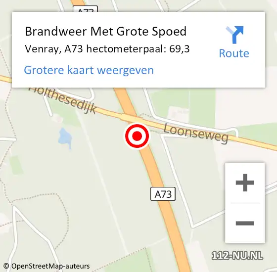 Locatie op kaart van de 112 melding: Brandweer Met Grote Spoed Naar Venray, A73 hectometerpaal: 69,3 op 24 september 2022 16:00