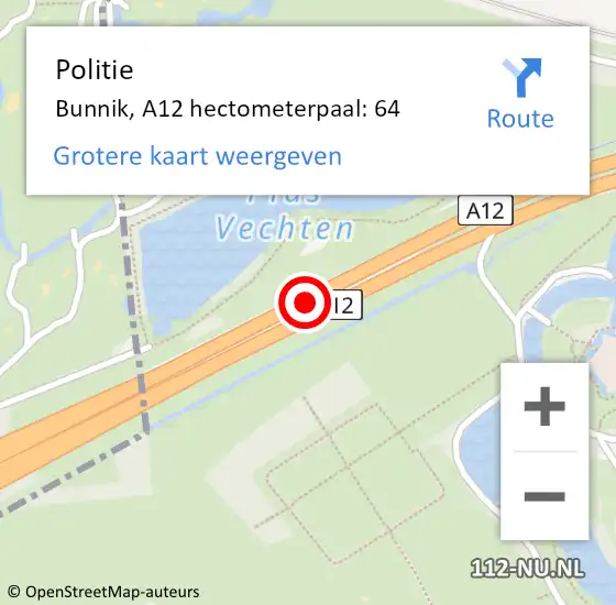 Locatie op kaart van de 112 melding: Politie Bunnik, A12 hectometerpaal: 64 op 24 september 2022 16:14