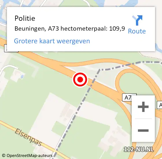 Locatie op kaart van de 112 melding: Politie Beuningen, A73 hectometerpaal: 109,9 op 24 september 2022 17:09