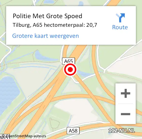 Locatie op kaart van de 112 melding: Politie Met Grote Spoed Naar Tilburg, A65 hectometerpaal: 20,7 op 24 september 2022 18:03
