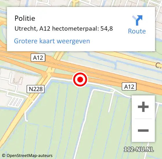 Locatie op kaart van de 112 melding: Politie Utrecht, A12 hectometerpaal: 54,8 op 24 september 2022 19:26