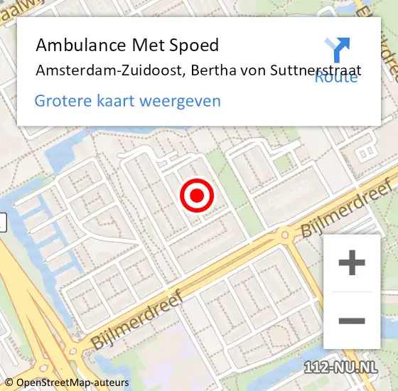 Locatie op kaart van de 112 melding: Ambulance Met Spoed Naar Amsterdam-Zuidoost, Bertha von Suttnerstraat op 24 september 2022 21:46