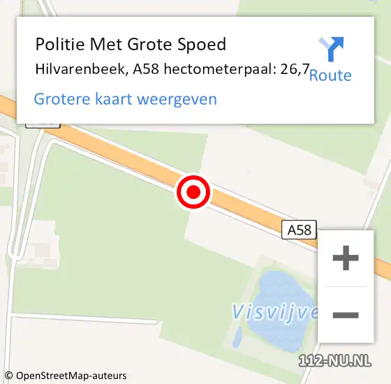 Locatie op kaart van de 112 melding: Politie Met Grote Spoed Naar Hilvarenbeek, A58 hectometerpaal: 26,7 op 24 september 2022 22:14