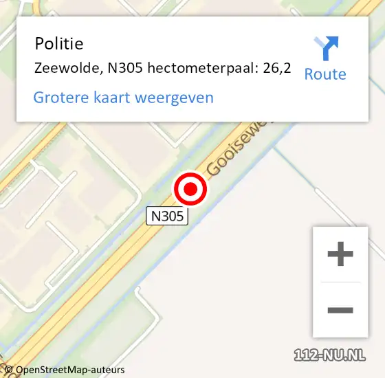 Locatie op kaart van de 112 melding: Politie Zeewolde, N305 hectometerpaal: 26,2 op 24 september 2022 23:32