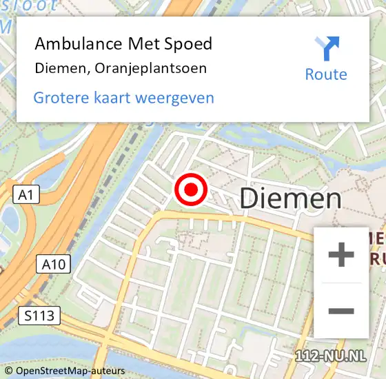 Locatie op kaart van de 112 melding: Ambulance Met Spoed Naar Diemen, Oranjeplantsoen op 25 september 2022 00:34