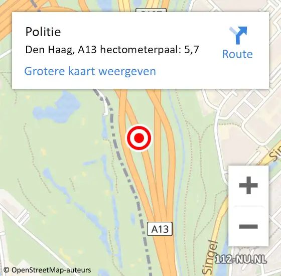 Locatie op kaart van de 112 melding: Politie Den Haag, A13 hectometerpaal: 5,7 op 25 september 2022 01:51