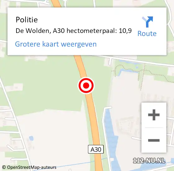 Locatie op kaart van de 112 melding: Politie De Wolden, A30 hectometerpaal: 10,9 op 25 september 2022 03:13