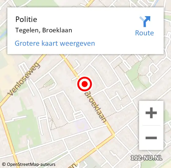 Locatie op kaart van de 112 melding: Politie Tegelen, Broeklaan op 25 september 2022 06:49