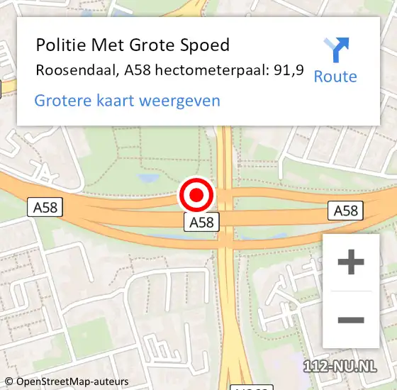 Locatie op kaart van de 112 melding: Politie Met Grote Spoed Naar Roosendaal, A58 hectometerpaal: 91,9 op 25 september 2022 11:55