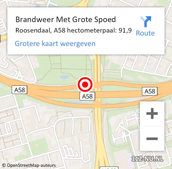 Locatie op kaart van de 112 melding: Brandweer Met Grote Spoed Naar Roosendaal, A58 hectometerpaal: 91,9 op 25 september 2022 11:55